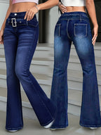 Gleya 2026 New Women'S Blue Washed Stretch Micro-Flare Jeans, Metal Belt Design Creates Retro Details, Flare Leg Shape Modifies Leg Shape, Durable And Not Easy to Loosen Or Fade, Does Not Constrict The Waist Or Crotch, Suitable for Daily Commuting - Medium Blue