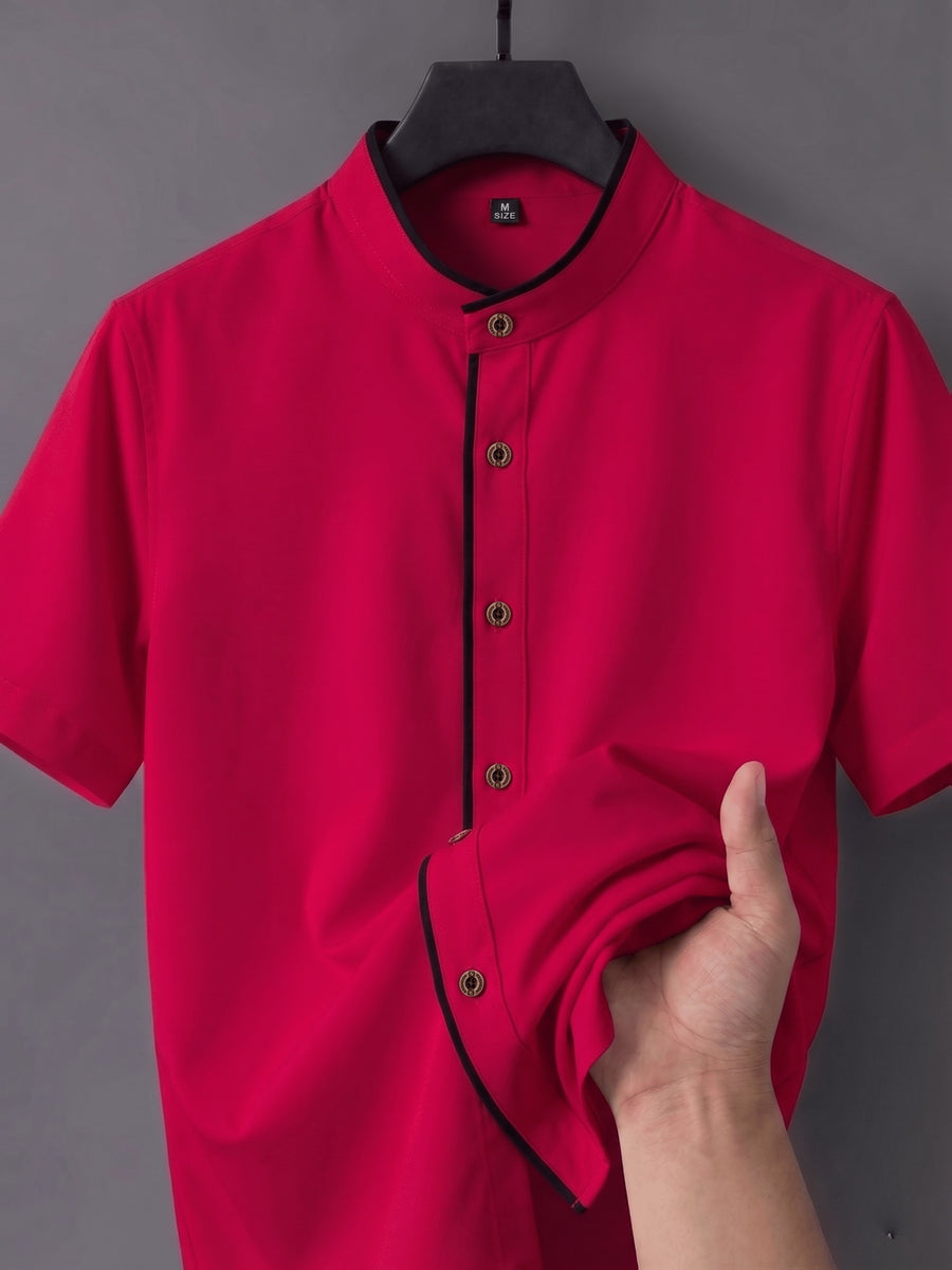 Men'S Short-Sleeved Shirt, Henley Collar/Stand-Up Collar Design, Placket Splicing Contrast Color Design - Red