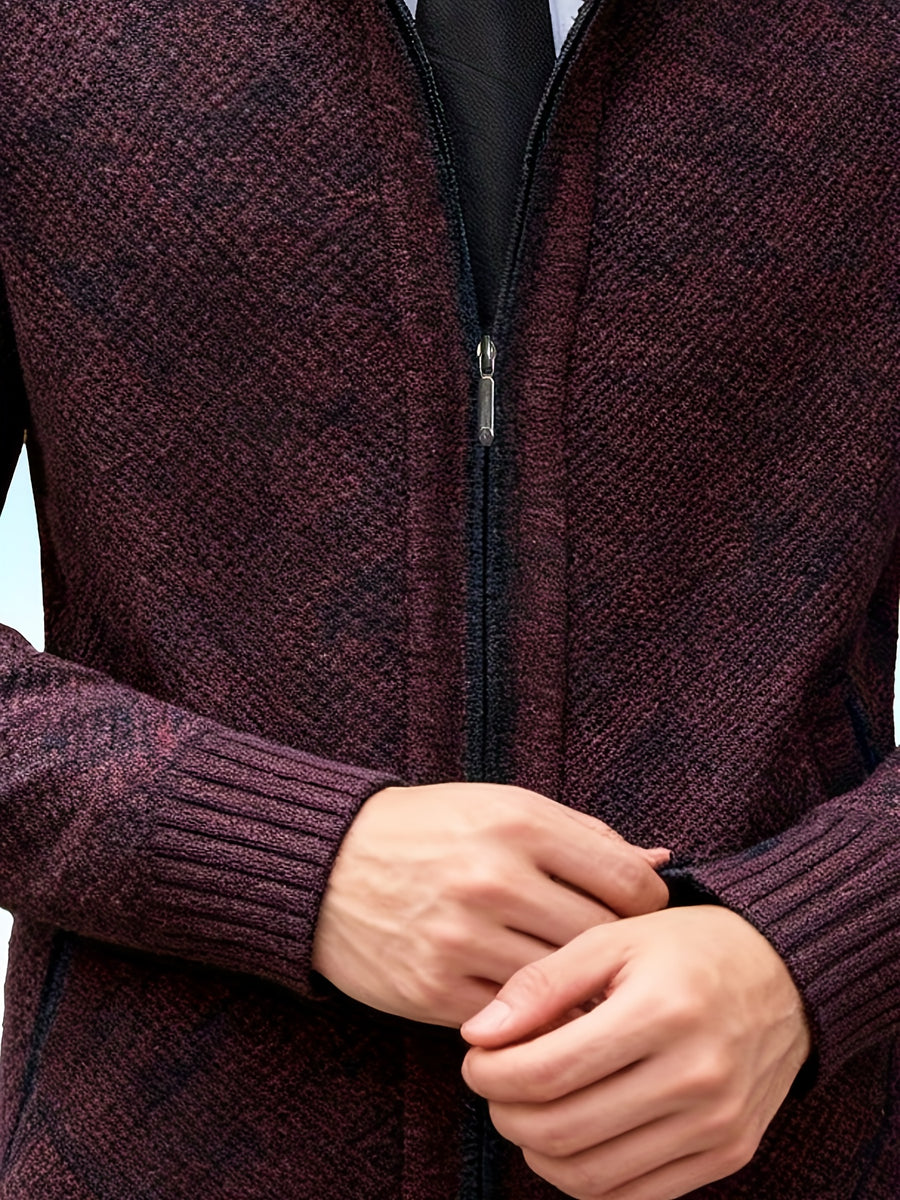 Autumn and Winter Casual Sweater Cardigan Jacket for Men, Thick Zipper Jacket with a Slightly Loose Three-dimensional Cut, Hiding Flesh and Slimming Without Dragging, Easily Creating a Fashionable Business Image (only Includes 1 Jacket) - Burgundy