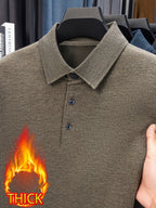 Men's -lined Lapel Polo Knit Sweater, with Plush Inner Lining, for Autumn and Winter Cold Protection. Suitable for Wearing Alone in Late Autumn and Early Winter, or as a Base Layer in Winter. Keeps You Warm Without Adding Bulk - Khaki