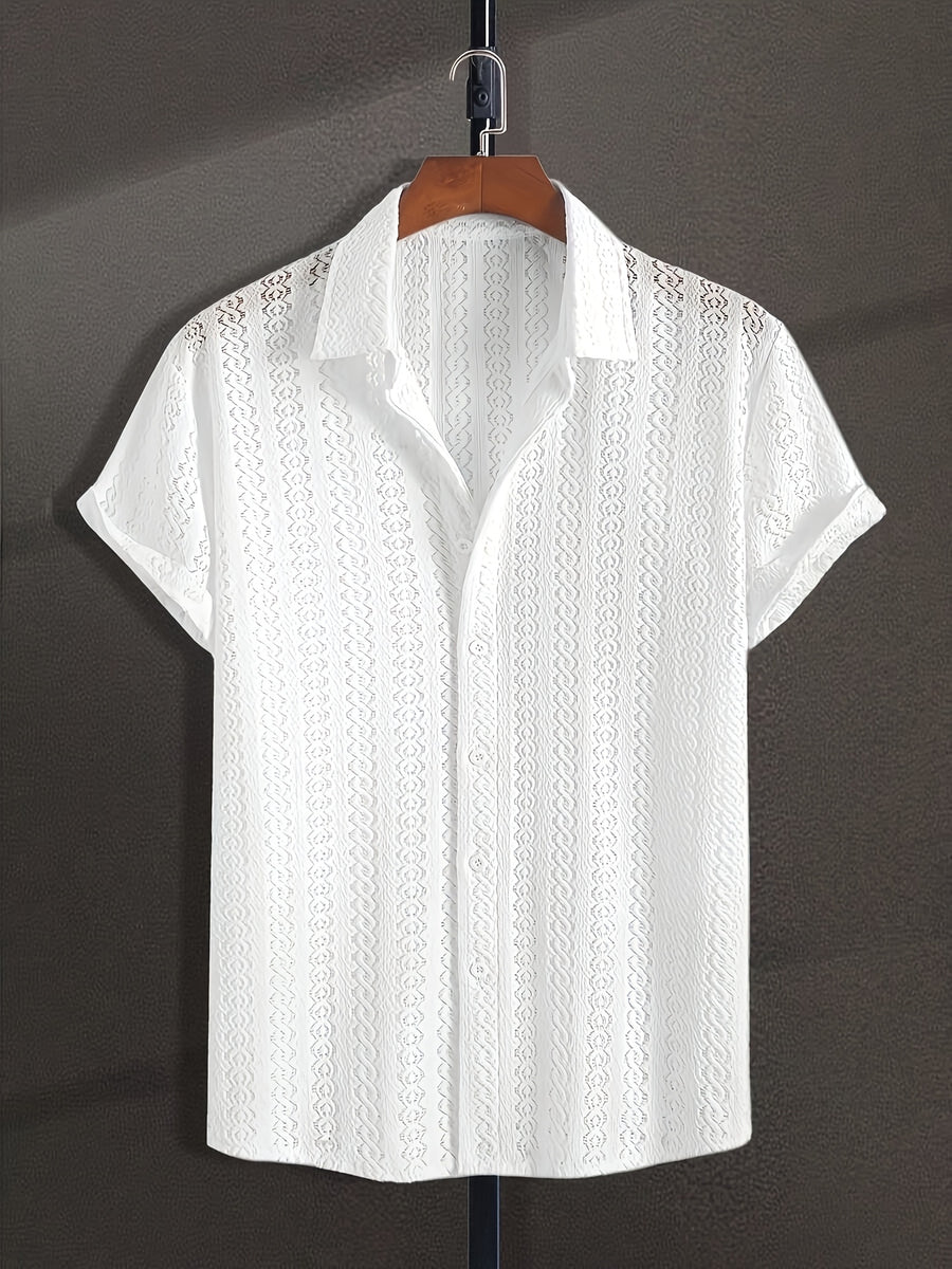 New Men's Solid Color Stretch Knit Openwork Plaid Jacquard Lapel Button- Casual Lightweight Shirt, Suitable for Daily Wear, Street Fashion, Summer, Autumn Menswear - White