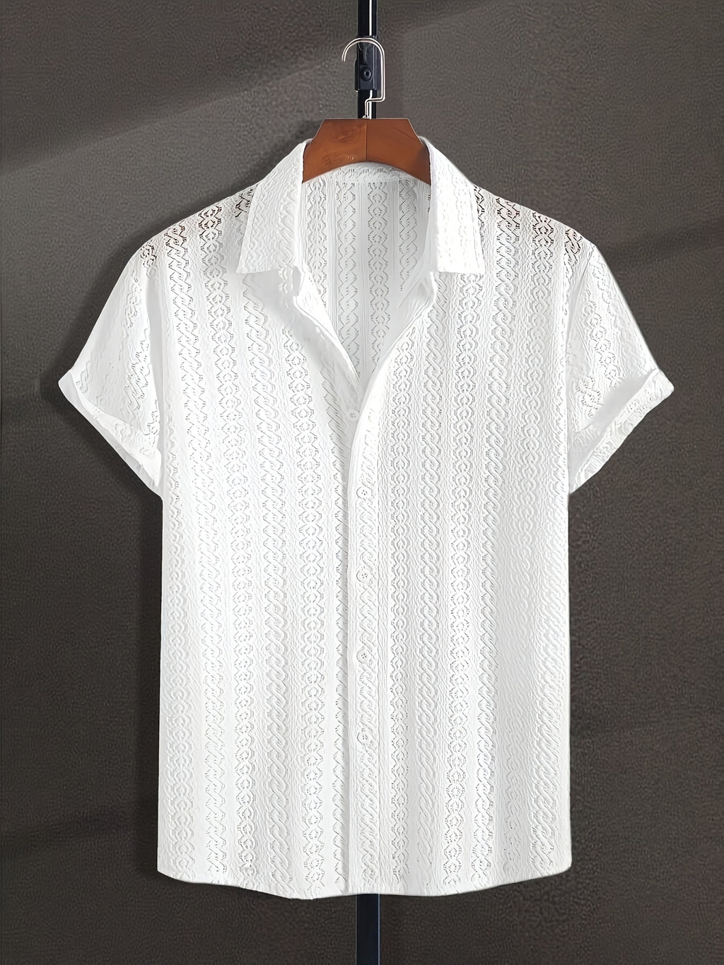 New Men's Solid Color Stretch Knit Openwork Plaid Jacquard Lapel Button- Casual Lightweight Shirt, Suitable for Daily Wear, Street Fashion, Summer, Autumn Menswear - White