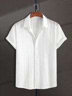New Men's Solid Color Stretch Knit Openwork Plaid Jacquard Lapel Button- Casual Lightweight Shirt, Suitable for Daily Wear, Street Fashion, Summer, Autumn Menswear - White