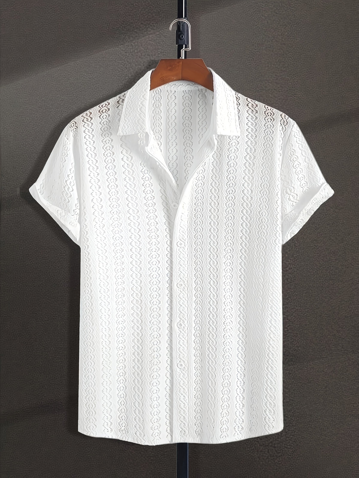 New Men's Solid Color Stretch Knit Openwork Plaid Jacquard Lapel Button- Casual Lightweight Shirt, Suitable for Daily Wear, Street Fashion, Summer, Autumn Menswear - White