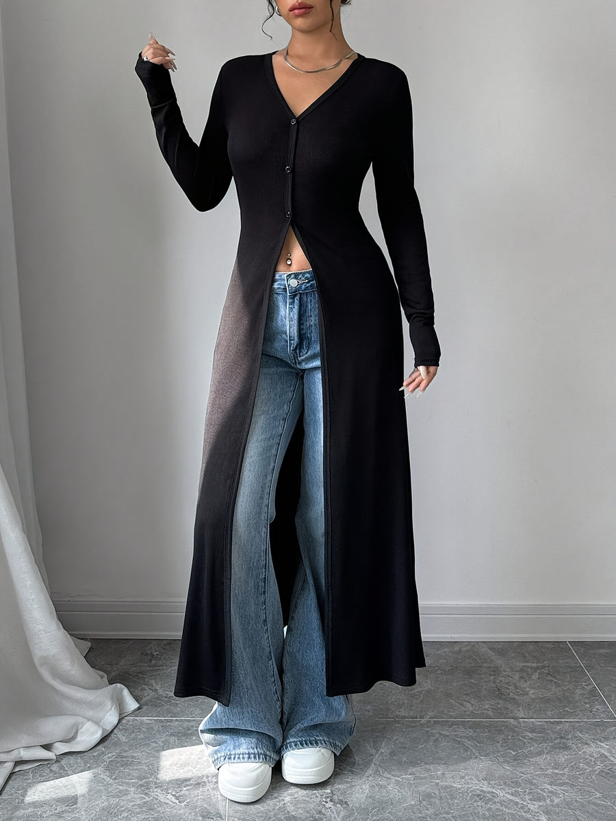 Women'S Slim Fit Long Sleeve Casual Shirt, V-Neck Spandex Blouse with Button Front and Side Slit - Solid Color, Comfortable Everyday Top for Casual Attire, Everyday Comfort Wear | Sleek Fitted Design | Durable Fabri - Black