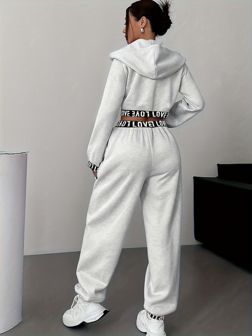 Women's 2pcs Set, Zipper and Hood Autumn/Winter Casual Women's Jacket + Pants, Regular Clothing, Daily Wear, Fashion Apparel, Stylish Swear, Soft Fabric, Comfortable Clothing, Matching Series, Women's Swear, Women's Collection - Granny Gray