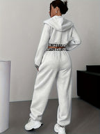 Women's 2pcs Set, Zipper and Hood Autumn/Winter Casual Women's Jacket + Pants, Regular Clothing, Daily Wear, Fashion Apparel, Stylish Swear, Soft Fabric, Comfortable Clothing, Matching Series, Women's Swear, Women's Collection - Granny Gray