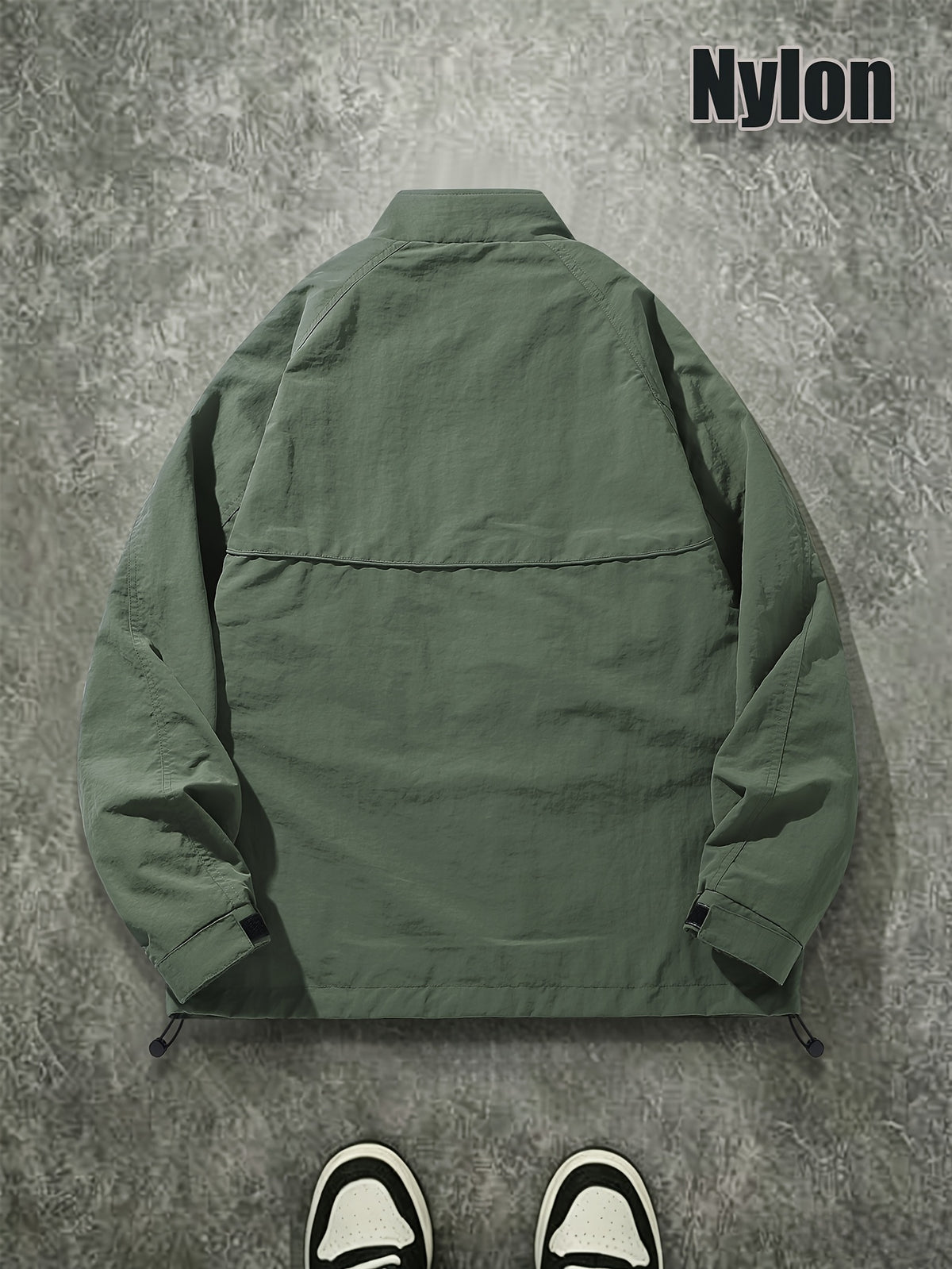 Men's Spring/Autumn American-Style Nylon Solid Color Stand Collar Jacket, Breathable Lightweight Windproof Functional Workwear Outerwear, Loose Fit Streetwear Casual Windbreaker - fern green