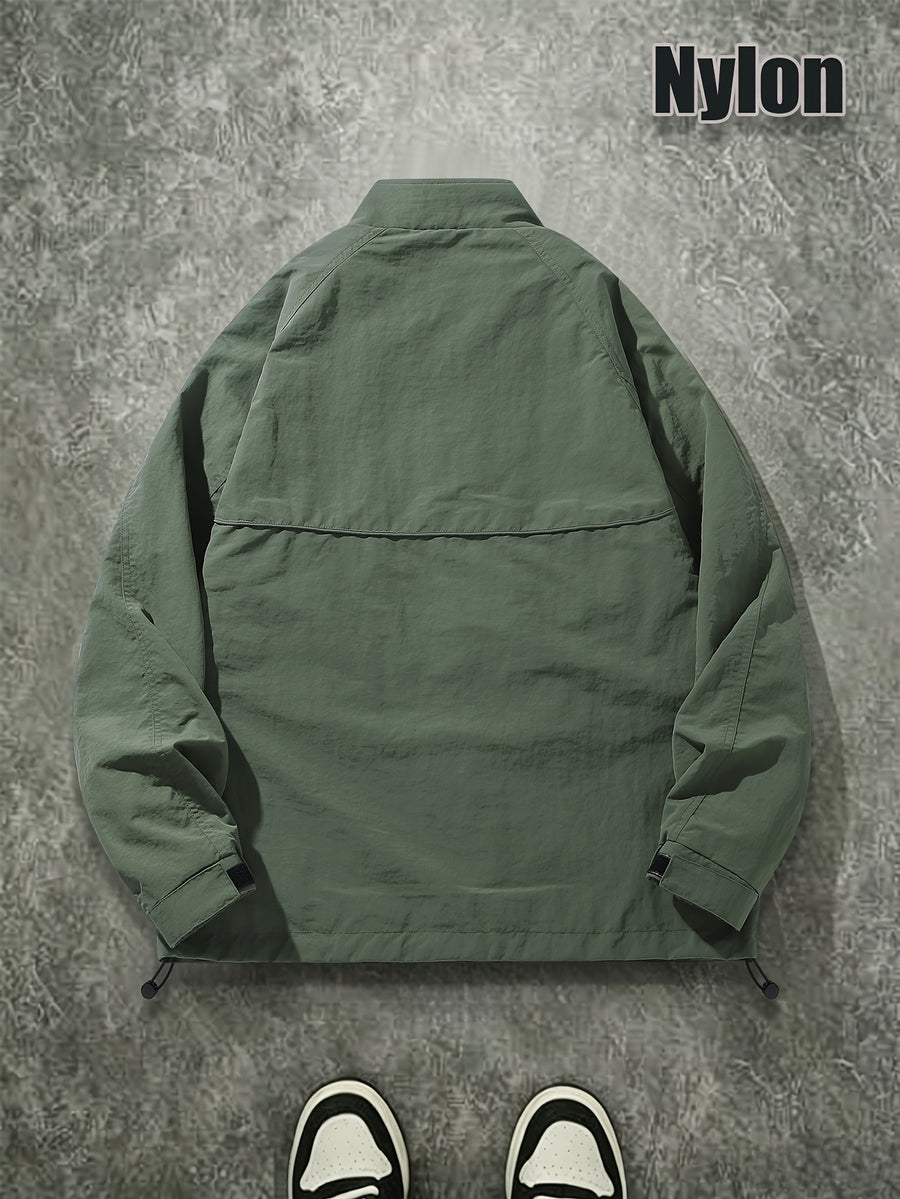 Men's Spring/Autumn American-Style Nylon Solid Color Stand Collar Jacket, Breathable Lightweight Windproof Functional Workwear Outerwear, Loose Fit Streetwear Casual Windbreaker - fern green