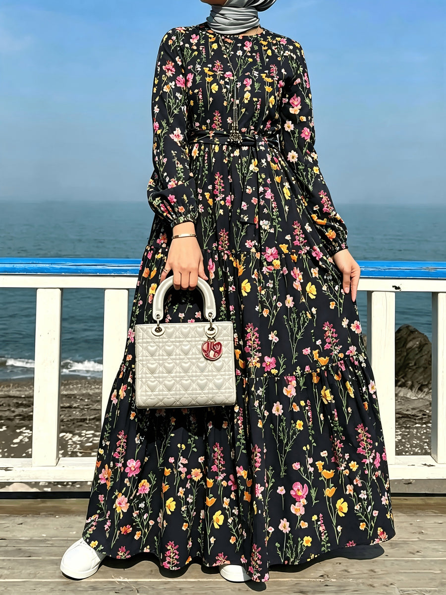 Comfortable Middle Eastern Print Long Dress Robe | Floral Pattern, Long Length, With Belt, Suitable For All Seasons - Black