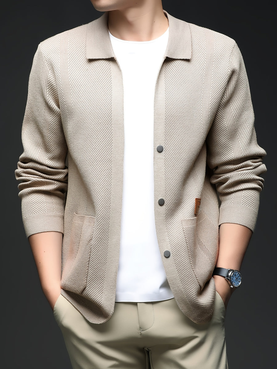 [Wading Whale OBM] Spring/Summer New Men'S Knit Cardigan, Old Money Style Solid Color V-Neck Long Sleeve Open Front Sweater Jacket with Single Button Closure And Side Pockets, Suitable for Spring And Autumn Layering Or Outerwear - Apricot