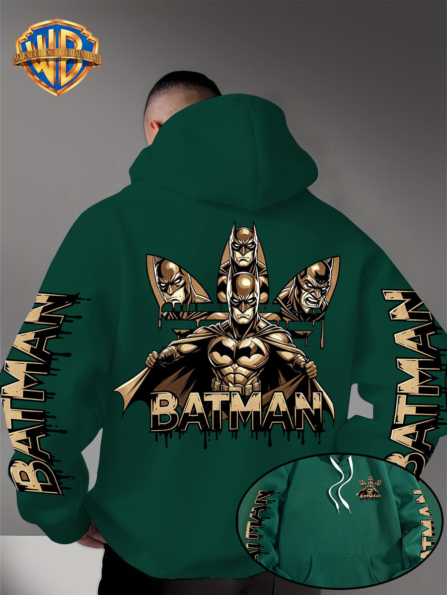 Warner Bros. Official Men's Hooded Sweatshirt - 1pc, Batman BATMAN Vintage Black and Golden Drip Lettering Creative Print, Trendy and Cool DC Superhero IP Graphic Hoodie, Skin-Friendly, Comfortable, and Warm Fabric, Kangaroo Pocket with Ribbed Cuffs - Green