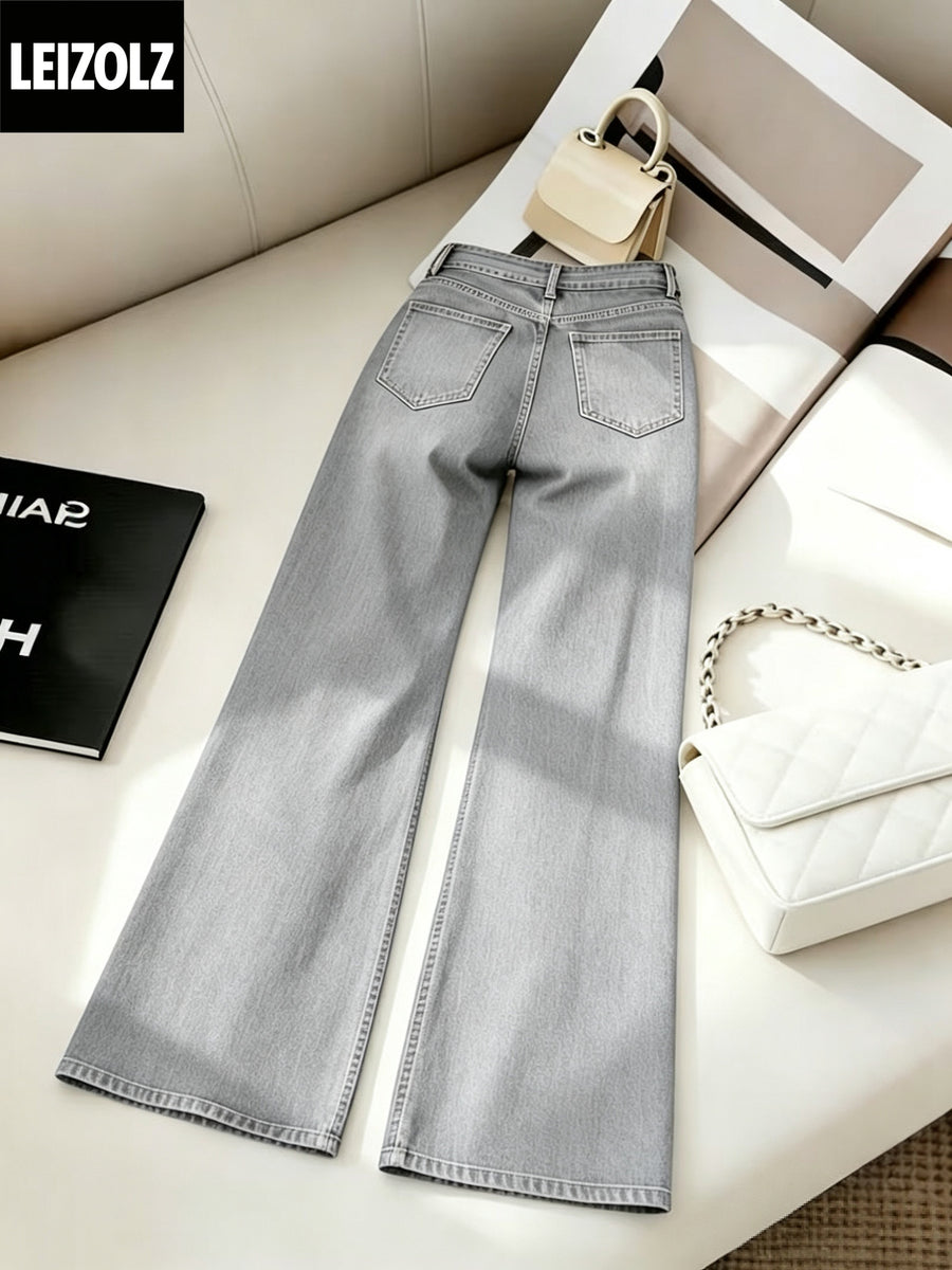 Women's High-Waist Commuter-Style Light Gray Washed Button-Front Wide-Leg Jeans, Flared and Lengthened for a, Loose-Fit Floor-Length Denim Pants - Light Grey