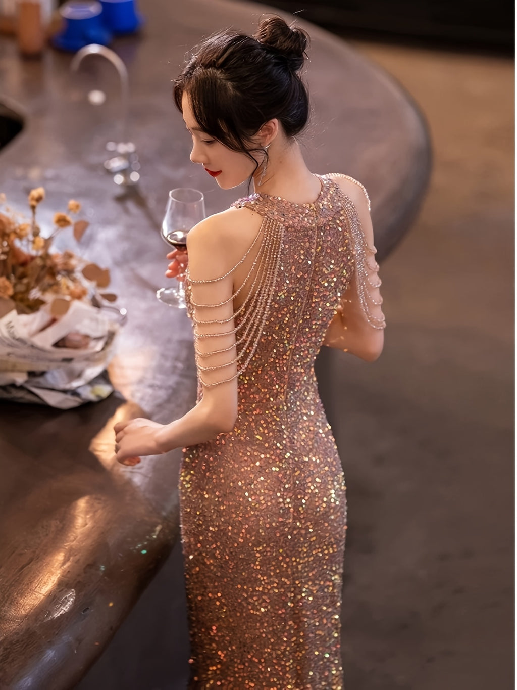 Stunning Evening Gown Women'S New High-End Light Luxury Niche Premium Sense Banquet Annual Meeting Temperament Socialite Fishtail Dress Host Adult Ceremony Graduation Gift Party Dress Dress - Rose Golden