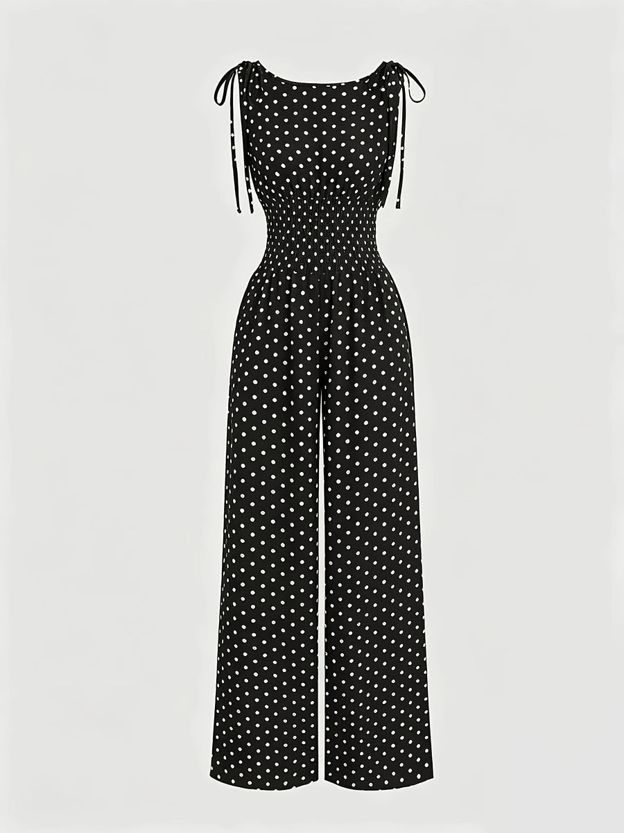 Women'S New Retro Polka Dot Print Jumpsuit, Shoulder Bow Tie Detail, Round Neck Sleeveless Back Slit Button Design, Elastic Ruched Waist, Summer Casual Beach Vacation Outfit, Elegant Commute, Date Outing Daily Wear Long Length Wide Leg Trousers - Black