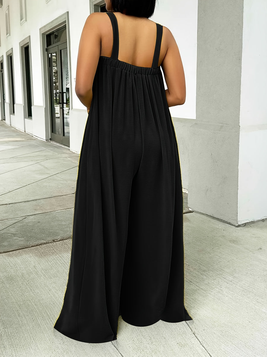 Women's Summer Casual Fashion Party Vacation Simple Solid Color Elegant Versatile Loose Straight Strap Jumpsuit - Black