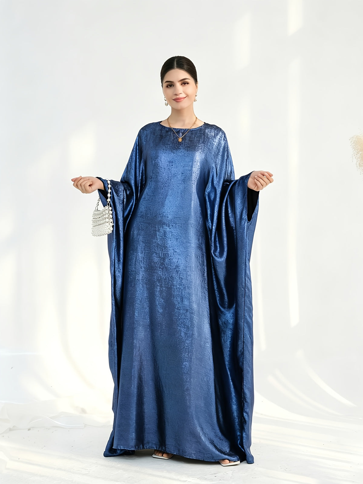 1pc Fashion Satin Bright Elegant Vacation Comfortable Loose Long Sleeve Solid Color Simple Breathable Casual Women's Abaya Dress, Abayas for Women, Muslim Khimar Robe, Chic Femme Robe, Elegant Women's Abaya, Muslim Women's Clothing - Royal Blue