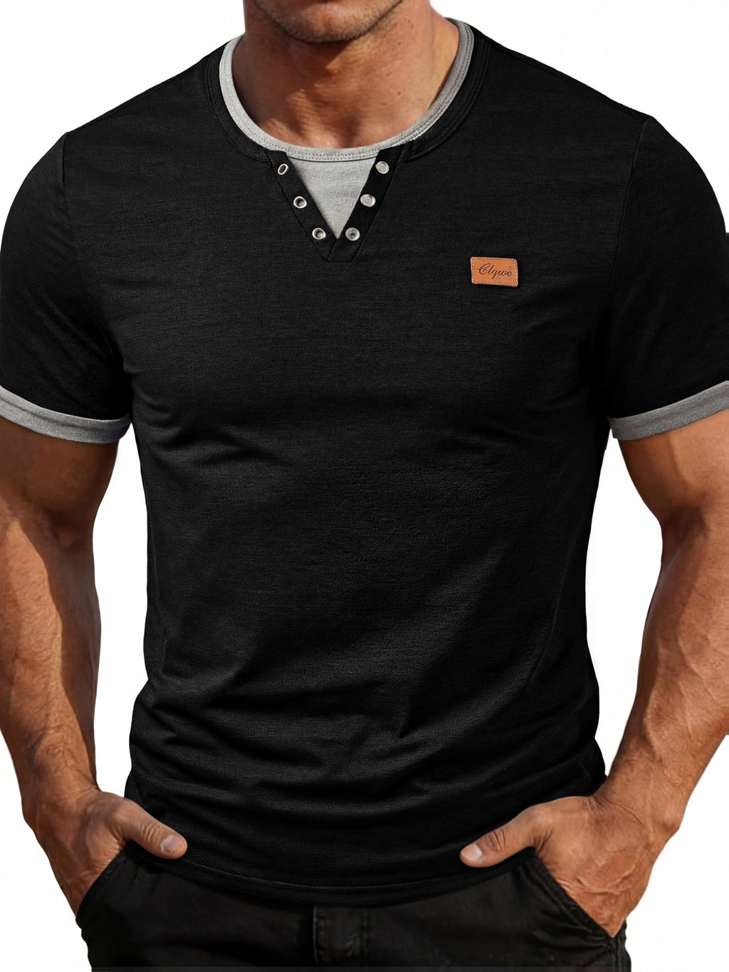 3pcs Set Men'S Fashion Men'S Top Spring Summer Outdoor Casual Color-Block Patchwork Stud Decoration Short-Sleeve Men'S Henley Shirt - Polychrome