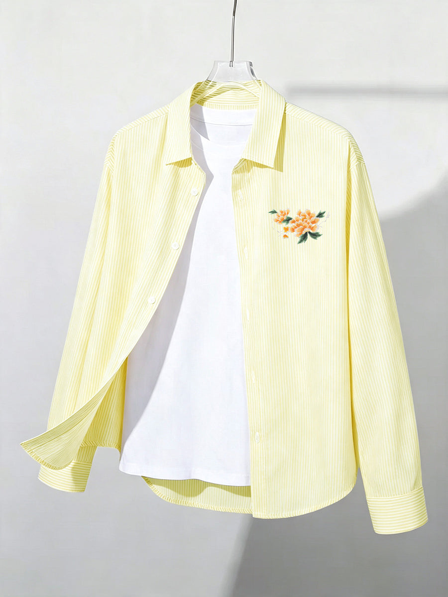 Early Spring/Autumn New Arrival: Artistic Vintage Fashion Embroidered Patch Print Long Sleeve Slim Stripe Casual Minimalist Men's Shirt - Yellow