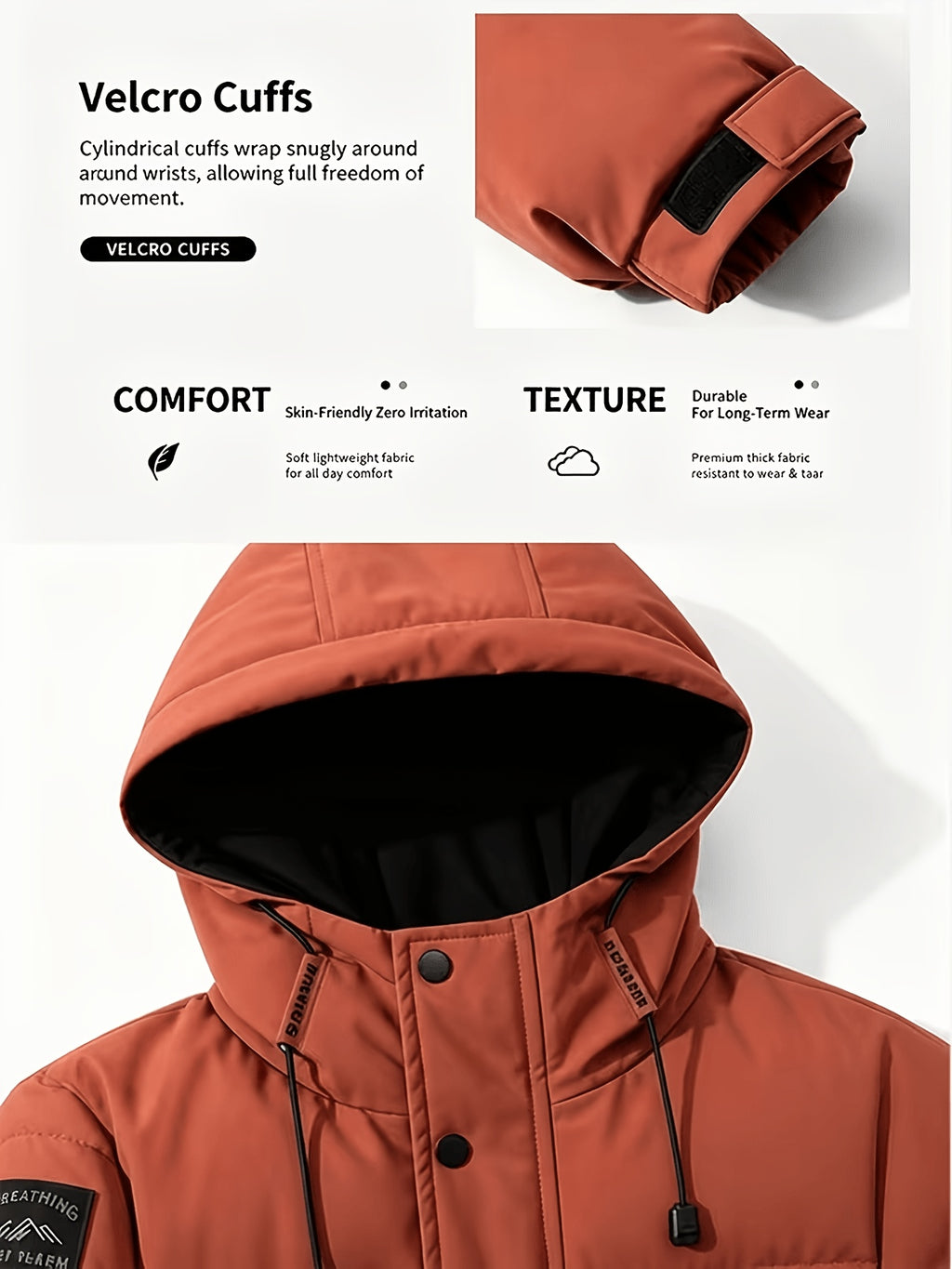 Men's New Long-Sleeve Windproof Thickened Warm Casual Hooded Jacket - Brick Red