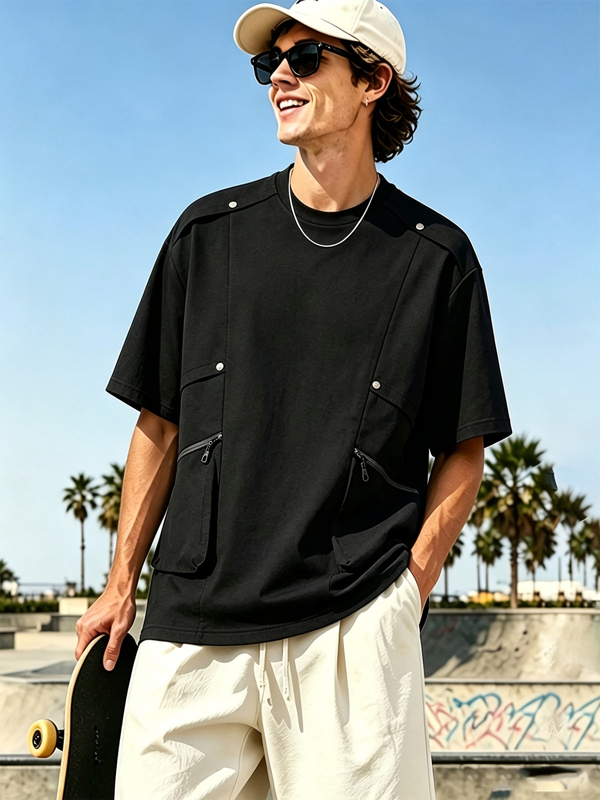 [Qiaoximei OBM] 2026 Summer New Men'S High-Quality Multi-Pocket Versatile Round Neck Short T-Shirt - Fashionable Street Beach Party Energetic Sports Men'S Trendy Loose Special Short Sleeve T-Shirt - Black