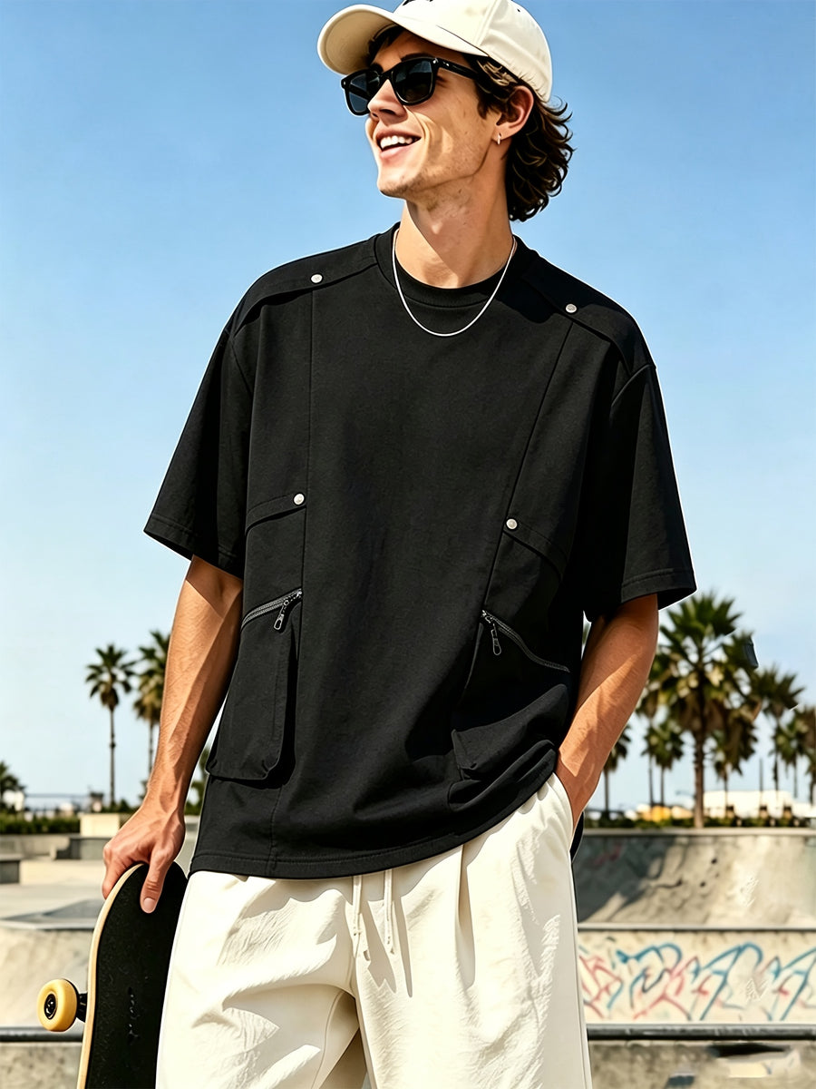 [Qiaoximei OBM] 2026 Summer New Men'S High-Quality Multi-Pocket Versatile Round Neck Short T-Shirt - Fashionable Street Beach Party Energetic Sports Men'S Trendy Loose Special Short Sleeve T-Shirt - Black