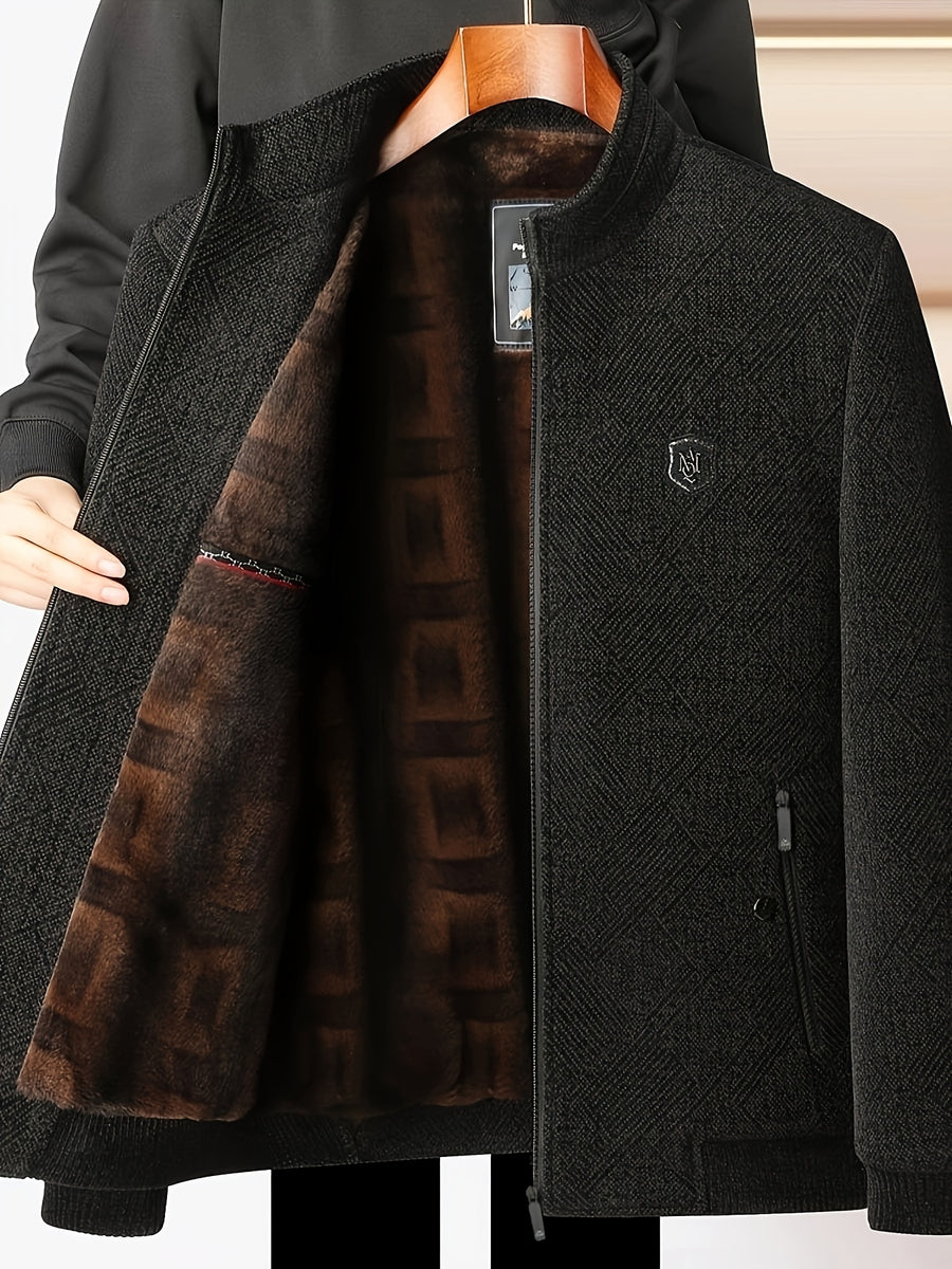 Pearson OBM Winter Mid-aged Men's Stand Collar Jacket, -Lined Thickened Warm Faux Lining Zipper Outerwear for Men - Coffee Color