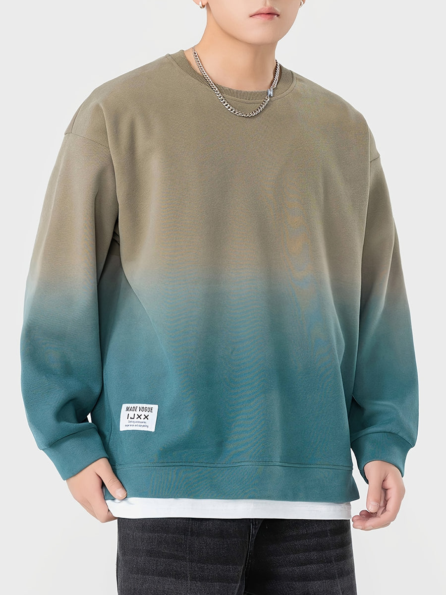 New Autumn Round Neck Sweatshirt, Men's  Gradient Color 2-in-1 Look Hem Sweatshirt, Burgundy Gradient - Gray Green