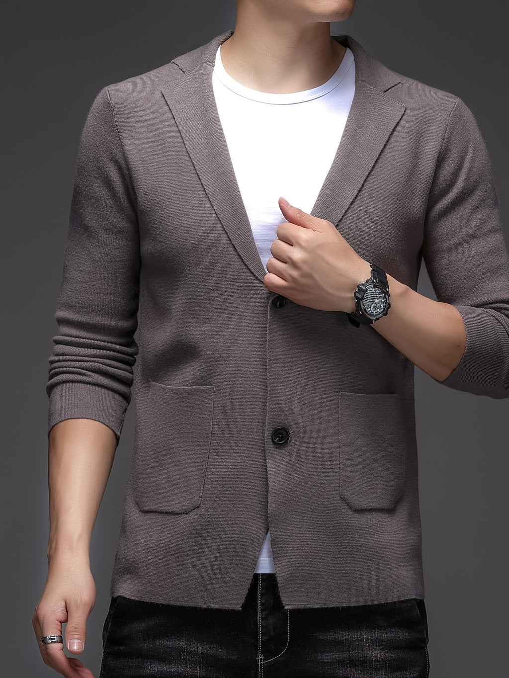 [Starry Prosperity] Men'S Solid Color Cardigan Long Sleeve Casual Knit Blazer for Fall/Winter - Coffee Color