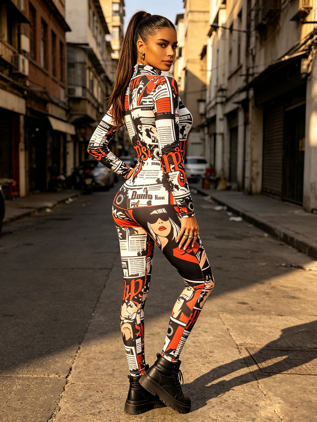 Vintage Newspaper Comic Print Bodysuit for Women, Autumn/Winter New Arrival, Cool and Edgy American Street Style for Trendy Hot, Nightclub and Party Outfit, Stretchy Bodycon,  Themed Party Cosplay, Halloween and Carnival Costume - Mixed colors