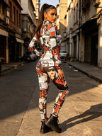 Vintage Newspaper Comic Print Bodysuit for Women, Autumn/Winter New Arrival, Cool and Edgy American Street Style for Trendy Hot, Nightclub and Party Outfit, Stretchy Bodycon,  Themed Party Cosplay, Halloween and Carnival Costume - Mixed colors