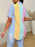 Elegant Striped Print Versatile Shirt - Polychrome