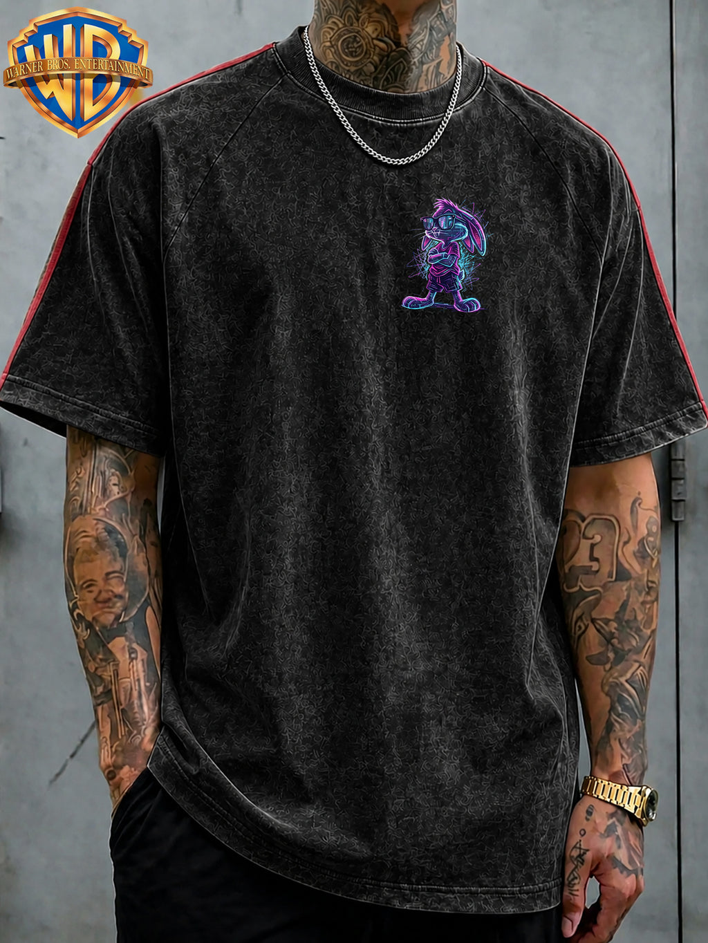 Official Warner Bros. Licensed Product: Neon Effect SEG-Style  Arm-Folded Fashion Glasses Cool Back Print Short-Sleeve T-Shirt, Contrast Striped Sleeve Crew Neck Casual Sport Top. Suitable for Outdoor Sports, Gym, Daily Commuting, and Gifting - Black
