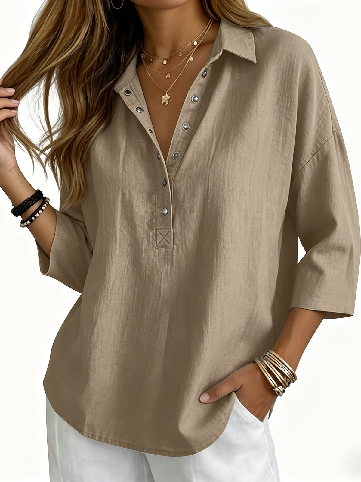Women'S Elegant Comfortable 3/4 Sleeve Top, Fashionable Button-Up Basic Shirt, Loose Casual V-Neck Three-Quarter Sleeve T-Shirt - Khaki
