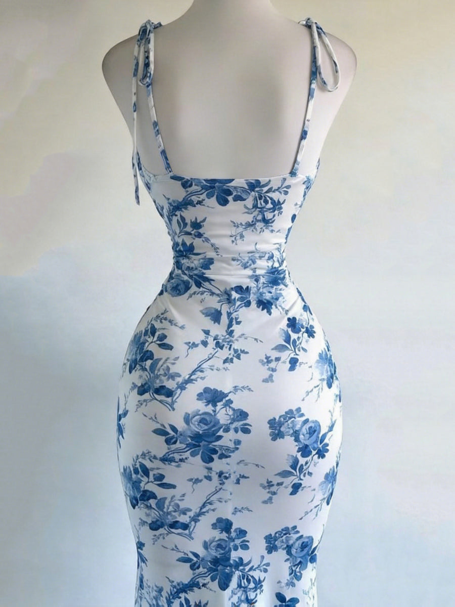 Y2K Vacation Floral Print Backless Long Fishtail Dress - Tie-String Straps, Fitted - Multicolor