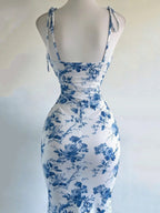 Y2K Vacation Floral Print Backless Long Fishtail Dress - Tie-String Straps, Fitted - Multicolor