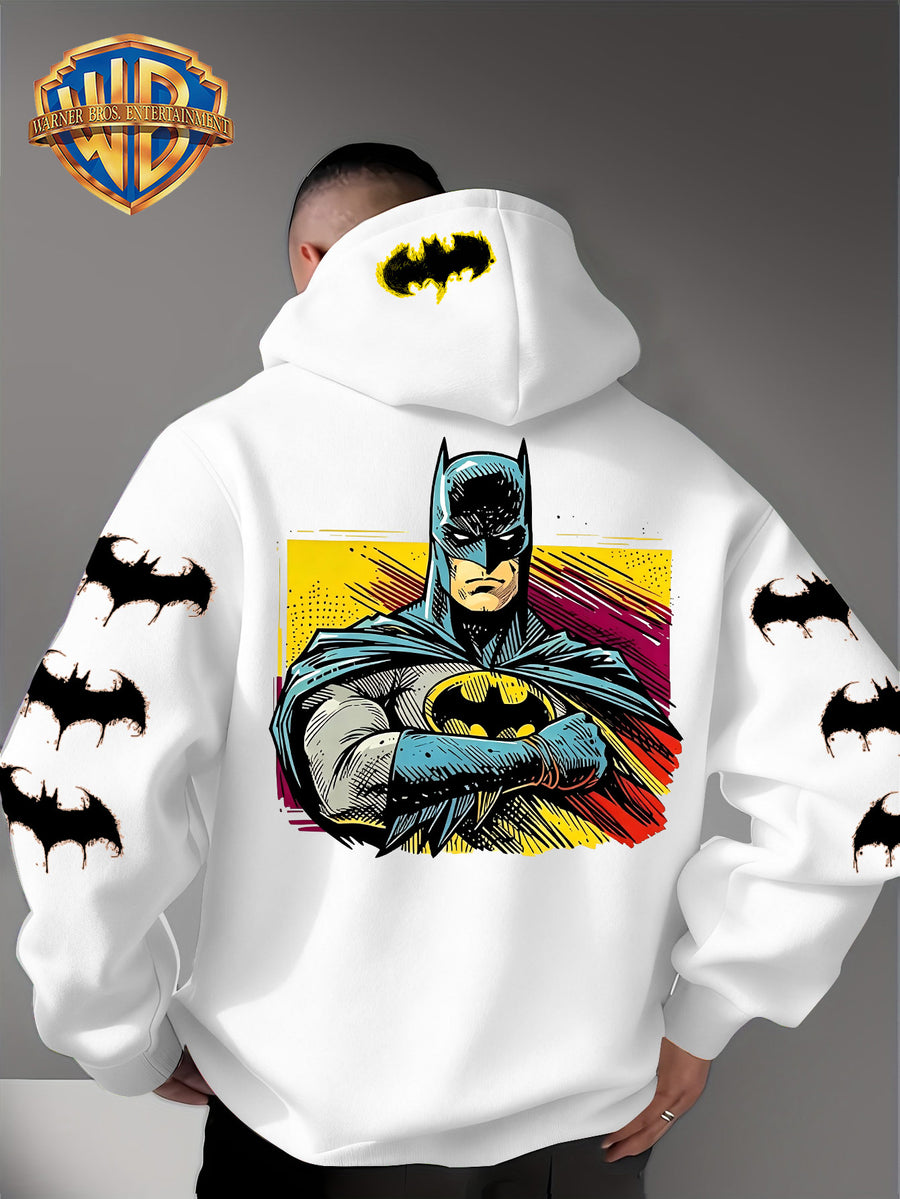 Men'S Hooded Sweatshirt, Batman Classic Image Print, Large Heroic Pattern on Back, Multiple Bat Logos on Sleeves, Exclusive Bat Emblem on Back of Hood, Trendy Street Style Design, Rich Details with Strong Visual Impact - White
