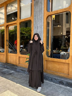 New Cross-Border Middle East Solid Color Women's Lace-Up Abaya 2pcs Set with Large Headscarf, Arabic Style P302 - Coffee Color