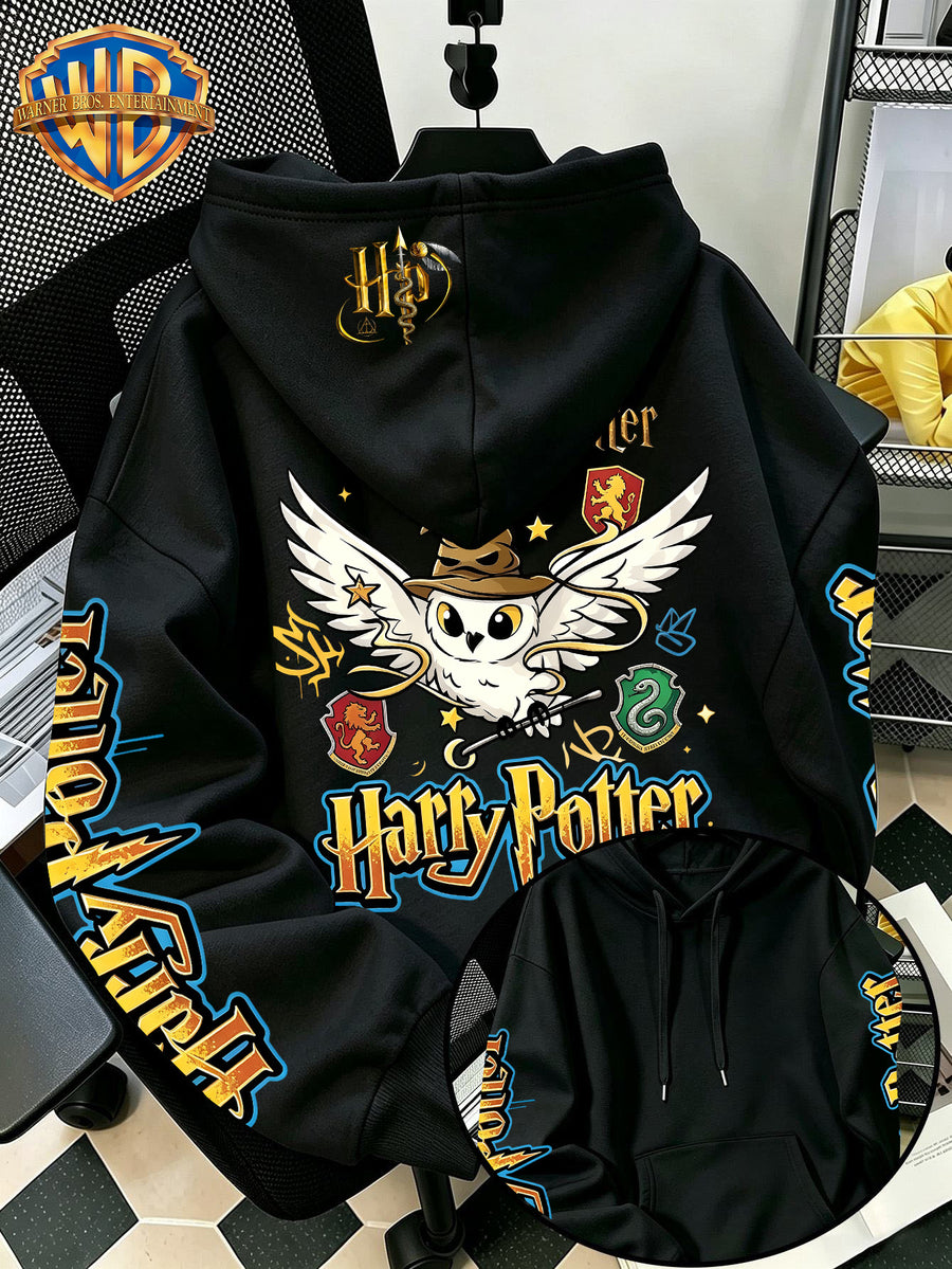 Warner Bros Official 1pc Vintage Golden Pattern Magic Owl Trendy Casual Hoodie - Men's Fashion Hoodie, Adjustable Drawstring Loose and Comfortable Sweatshirt, Suitable for Daily and Outdoor Sports Wear, the Perfect Choice for Warmth in Autumn - Black