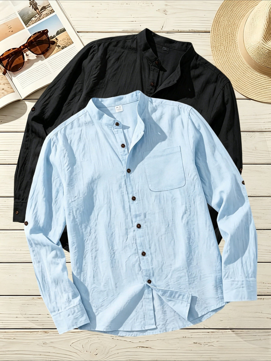 2pcs Men's Linen Fabric Henley Collar Long Sleeve Shirt, Simple Vintage Style, Loose Fit for Spring and Autumn, Multiple Color Options, Suitable for Outdoor Outings, Urban Commuting, and Home Wear, Versatile for Daily Casual and Holiday Occasions - Black+Blue