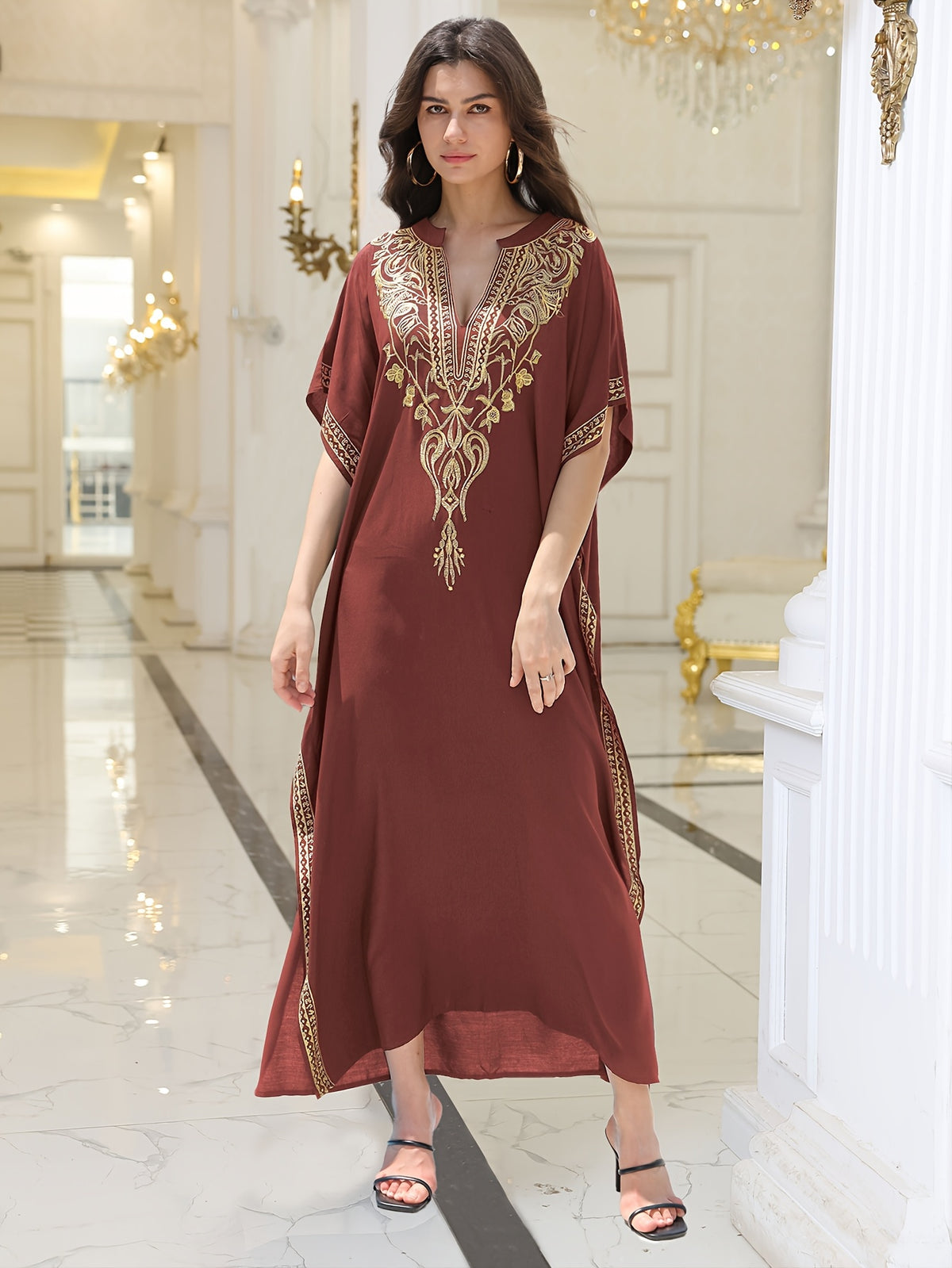 2025 Summeer Chic Golden Embroidered Sexy V-neck Bat Sleeves Side Slits Dress for Women Elegant Resort Robe Q1735 - The color of rouge