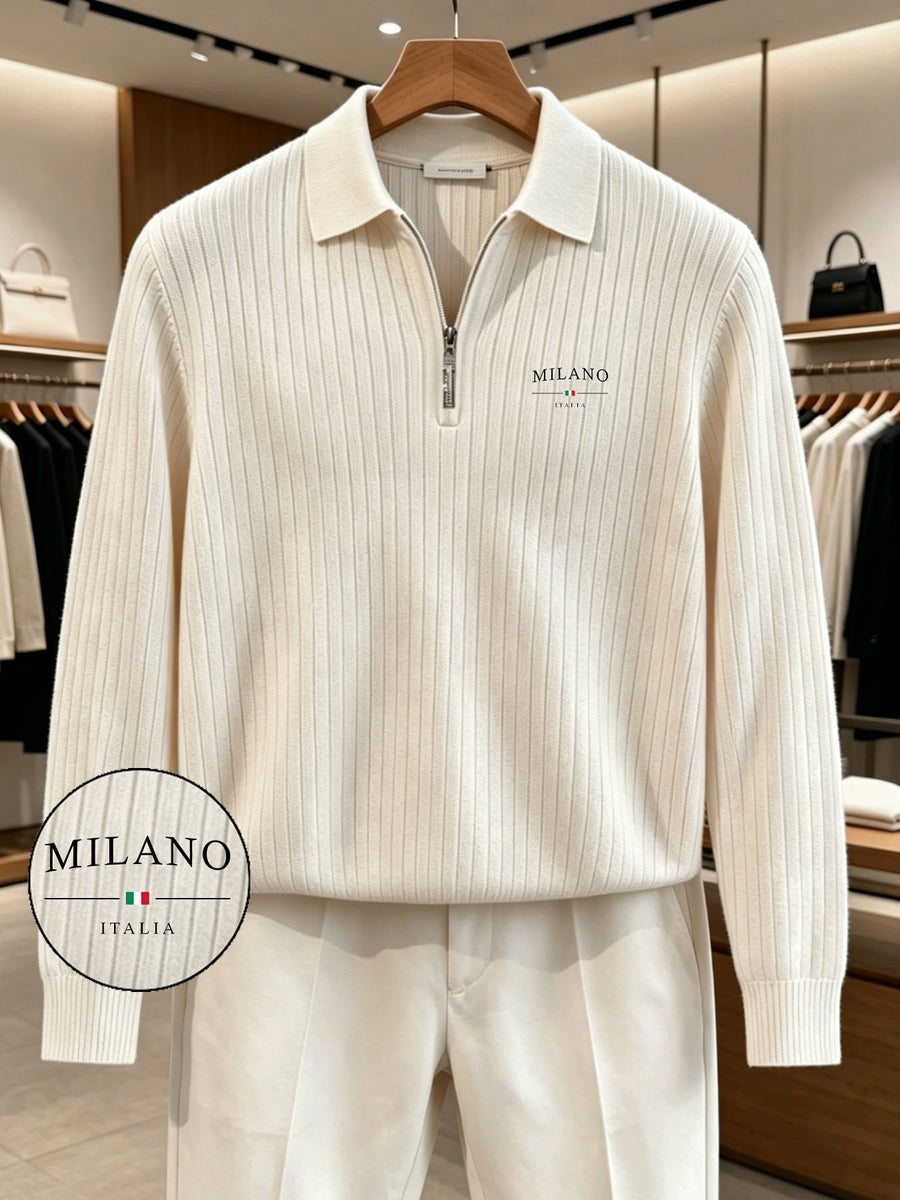 Men'S Half-Zip Lapel Long Sleeve Polo with Vertical Pique Texture, MILANO Milan Letter Print Light Casual Business Sweater, Soft And Machine Washable, Knit - Apricot