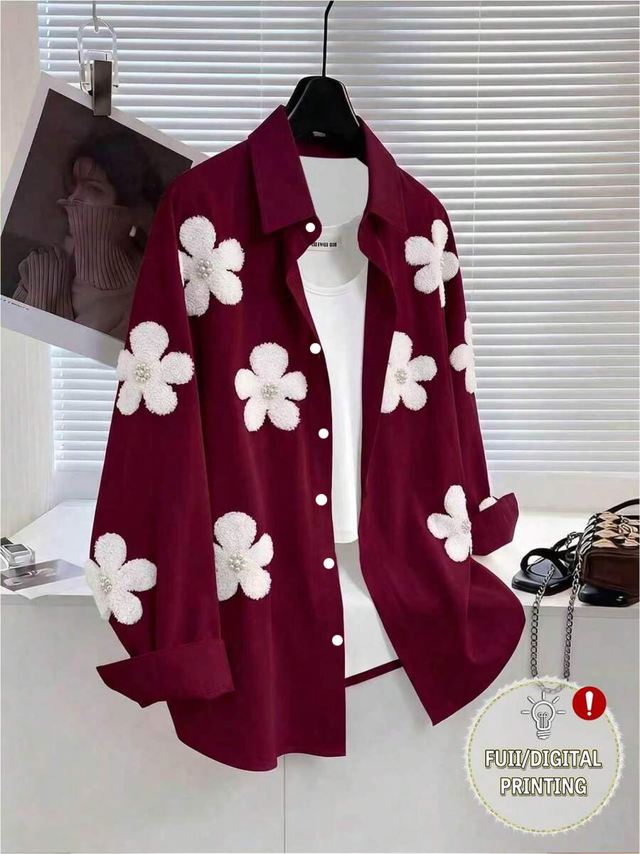 Women's Pretty Shirt, Floral Print Blouse with Faux Pearl Embellishments, Women's Long Sleeve Shirt, Printed Design - Not Textured ZD260727076 - Mixed Color 1