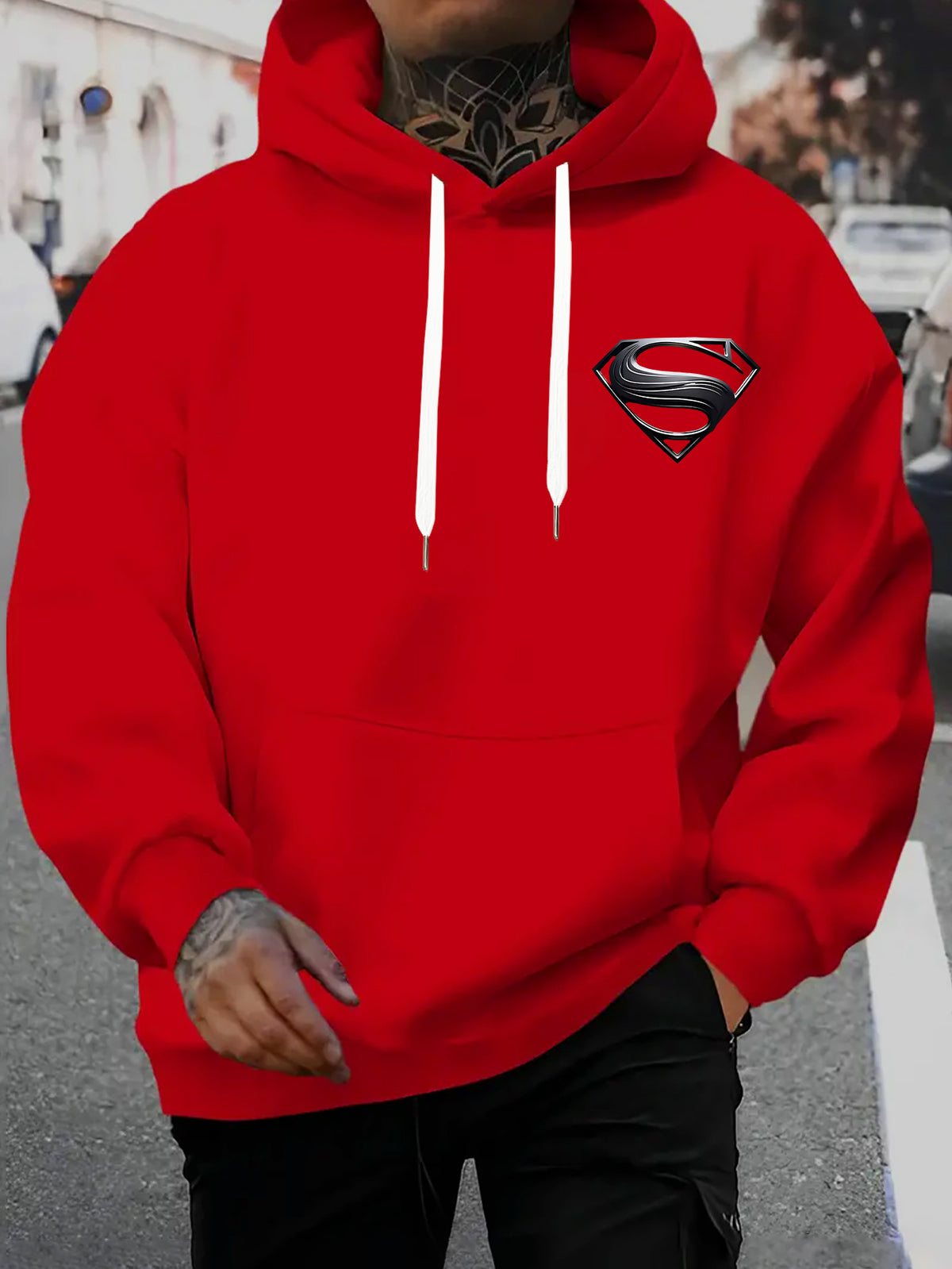 WB Warner Men'S New Trendy Hoodie, Superman Classic Logo Printed Design Hoodie, Daily Casual Drawstring Hoodie, Long Sleeve Hoodie, Machine Washable, Multifunctional Sports And Leisure Loose Fit Men'S Hoodie - Red