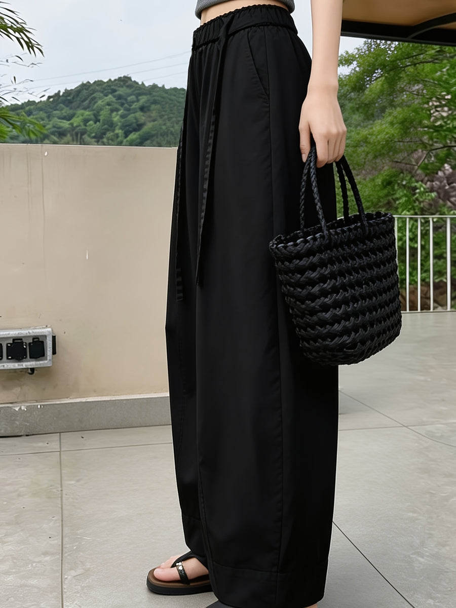 Western Style Summer High-Waist Wide-Leg Pants Women'S Loose Straight Casual Trousers Drape Elastic Waist Vacation Beach Pants Lazy Style Streetwear Inclusive XS to L Size Daily Commute Home Style Breathable Thin Texture Western Trendy Style Outdoor - Black