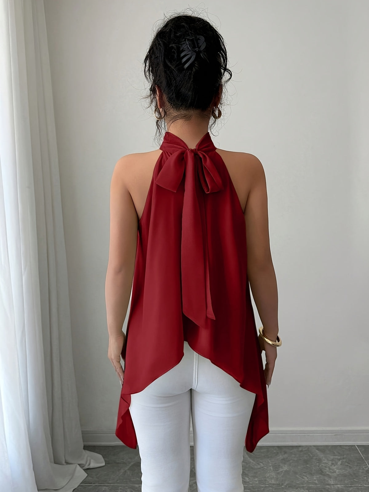 Spring-Summer Elegant Fashion Design Halter Tie-Neck Shirt - Burgundy