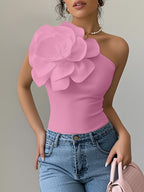 Floral Asymmetrical Neck Slim Sleeveless Casual Top - Pink