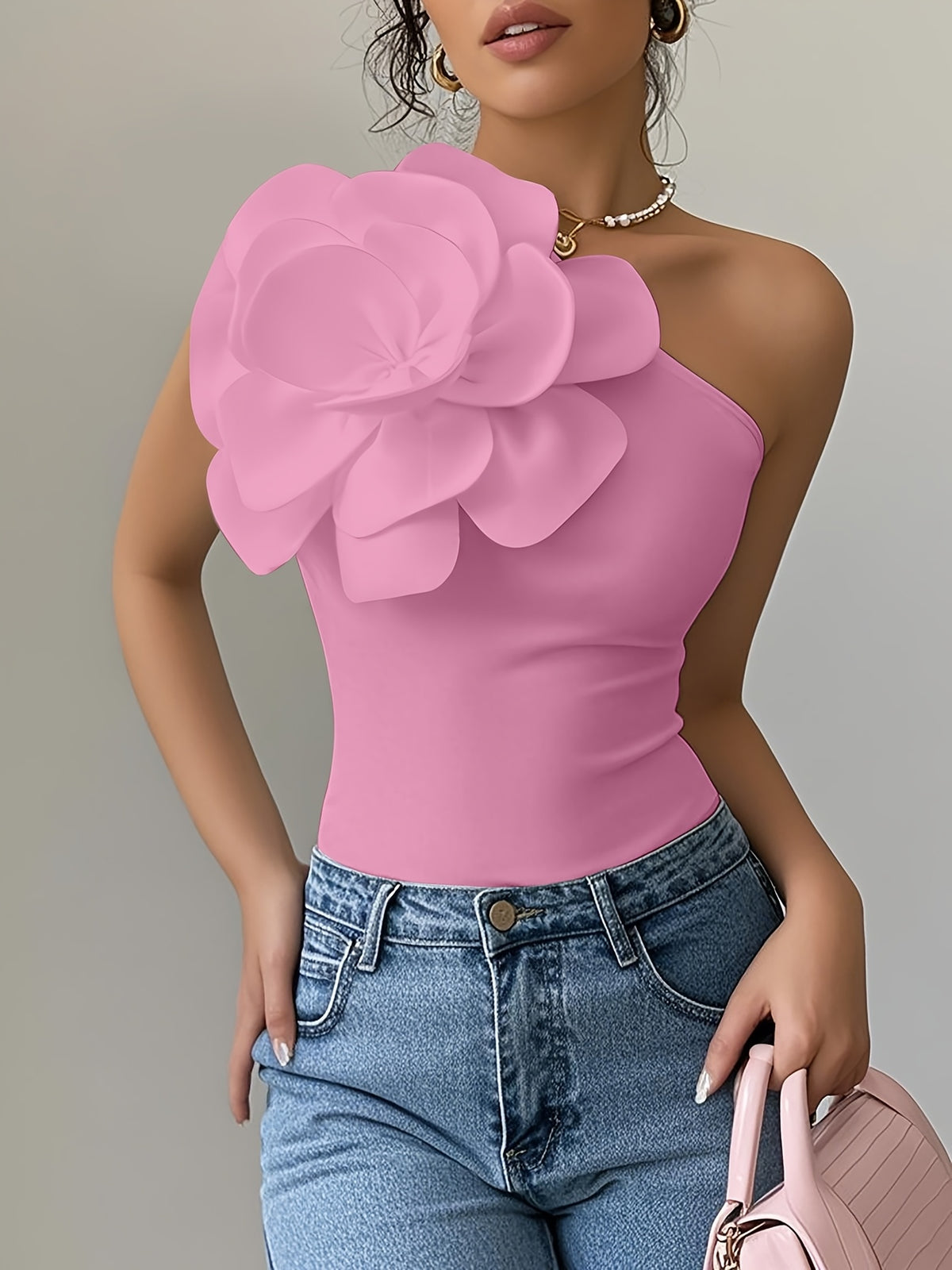 Floral Asymmetrical Neck Slim Sleeveless Casual Top - Pink