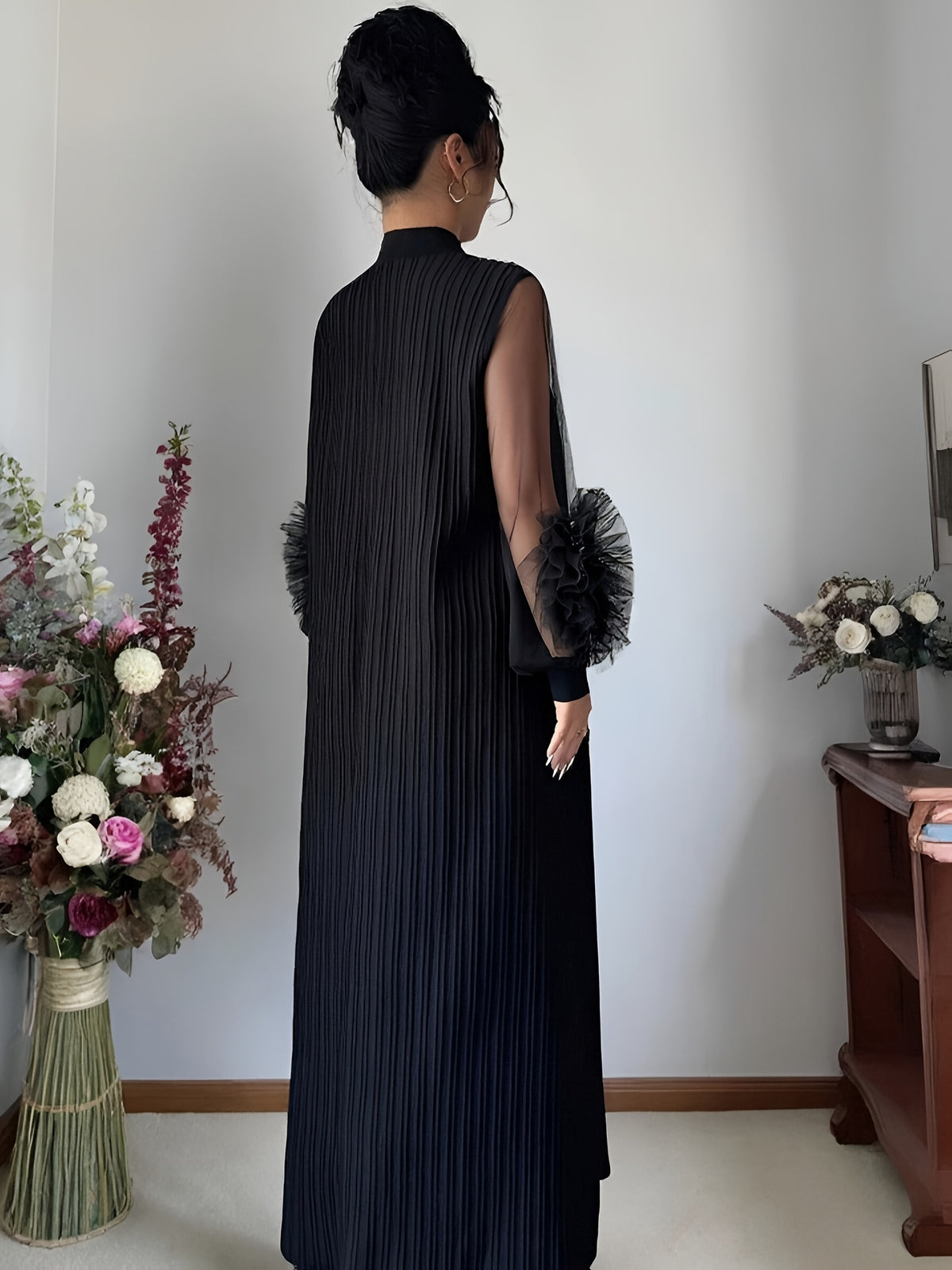 Women'S Stand-Up Collar Lantern Long-Sleeved Textured Fabric Splicing Mesh Hand-Cranked Three-Dimensional Embroidery Loose Comfortable And Elegant Senior Long Dresses - Black
