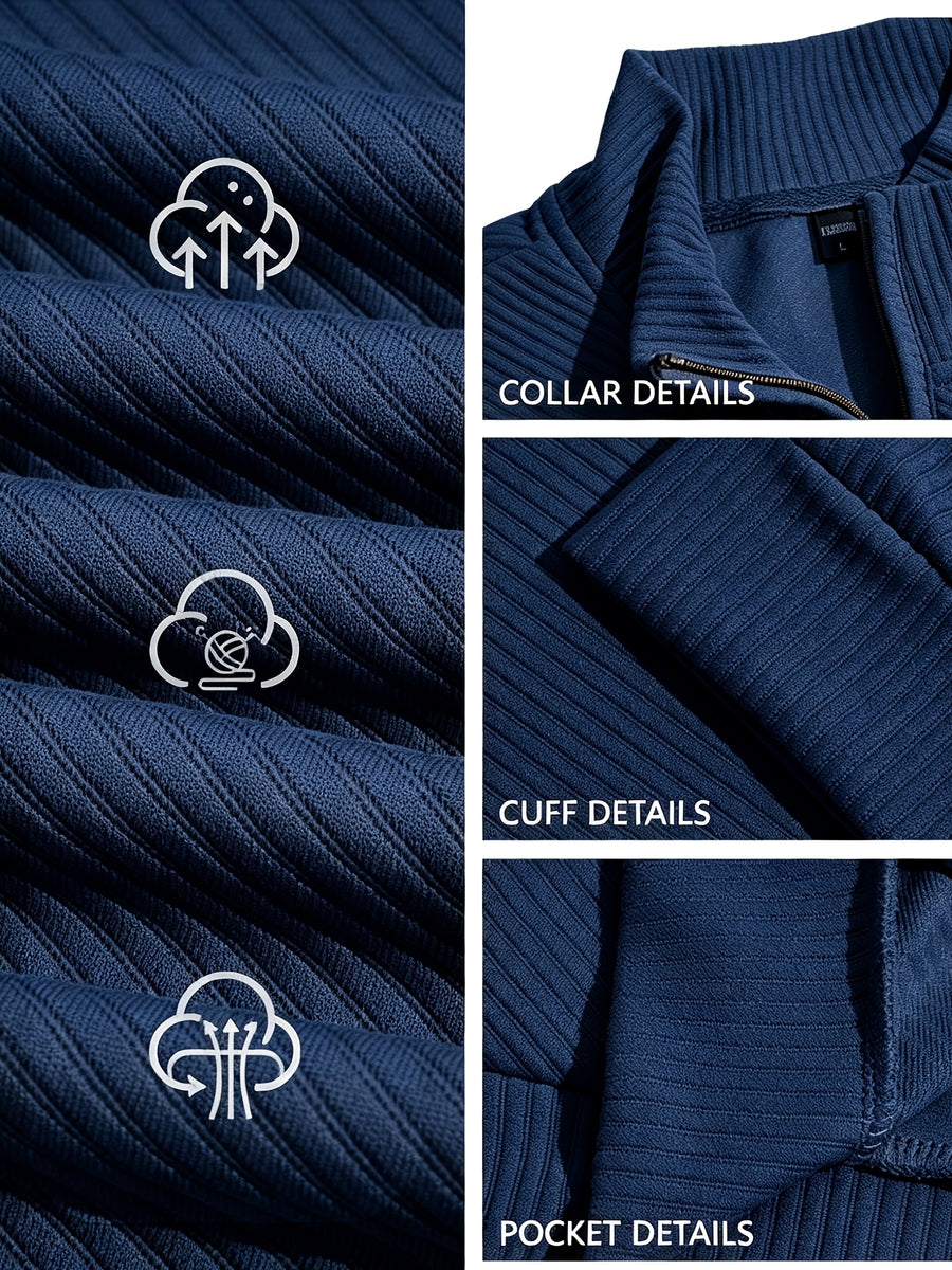 BOWZ Men's Casual Top, Solid Color Stand Collar Sweatshirt, Half-Zip Design, Warm Knit Henley Shirt, Skin-Friendly and Sweat-Absorbent, Simple, Casual, Fashionable, and Versatile, Men's Autumn/Winter Long-Sleeve Top, Suitable for Daily Leisure - Navy Color